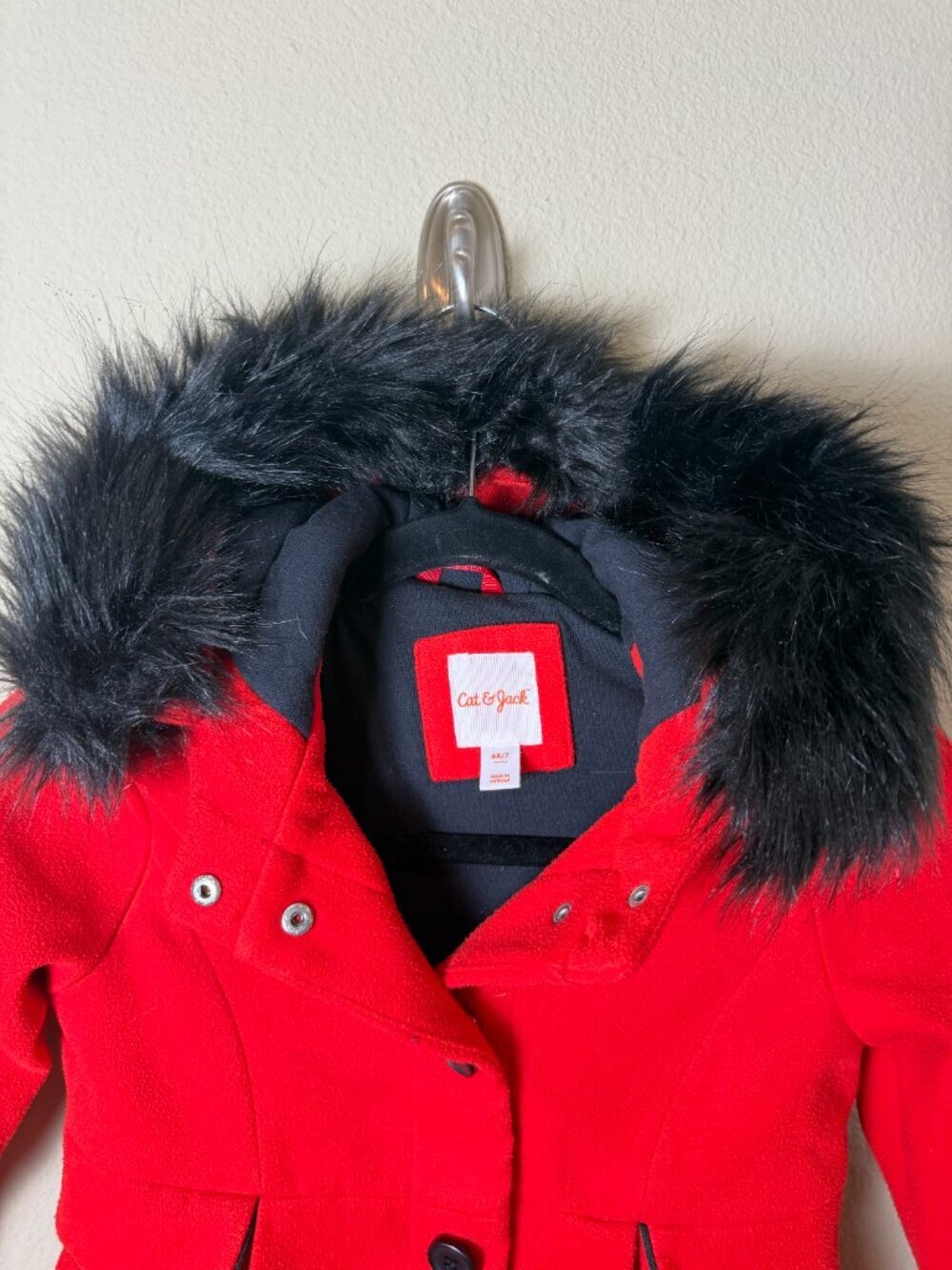 Cat & Jack Red Coat with Fur Trim & Black Piping Size 6X/7 - Picture 4 of 9